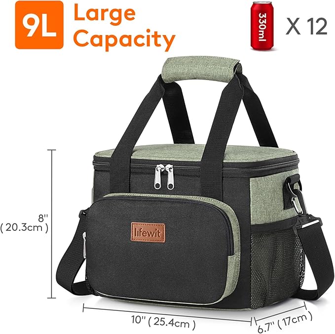 Lifewit Medium Lunch Bag, Insulated Lunch Box, Soft Cooler Cooling Tote for Adult Men Women, Black and Green 12-Can (9L)