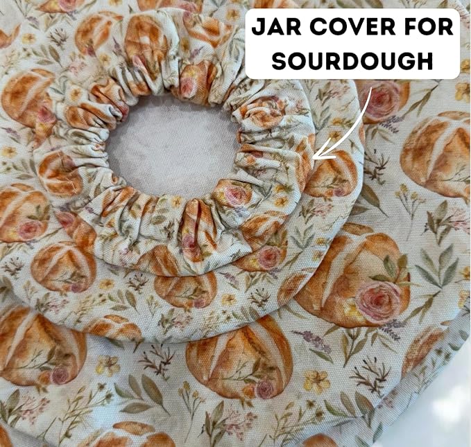 (4-Pack) Sourdough Reuseable Jar & Bowl Covers | Cute Baking Gift | 100% Cotton | Washable | Bread Proofing | Kitchen Food Storage Gifting | Starter Cover Lid Kit (Vintage Sourdough)