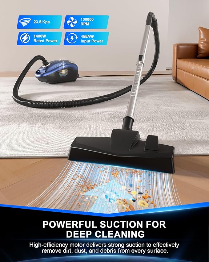 Bagged Canister Vacuum Cleaner,1400W Powerful High-Suction Bagged Canister Vac with 3.7QT Dust Bags,Pop-N-Go Brush,HEPA Filter,Dual Motors&4 Cleaning Tools,Perfect for Low-Pile Carpets&Hard Floors