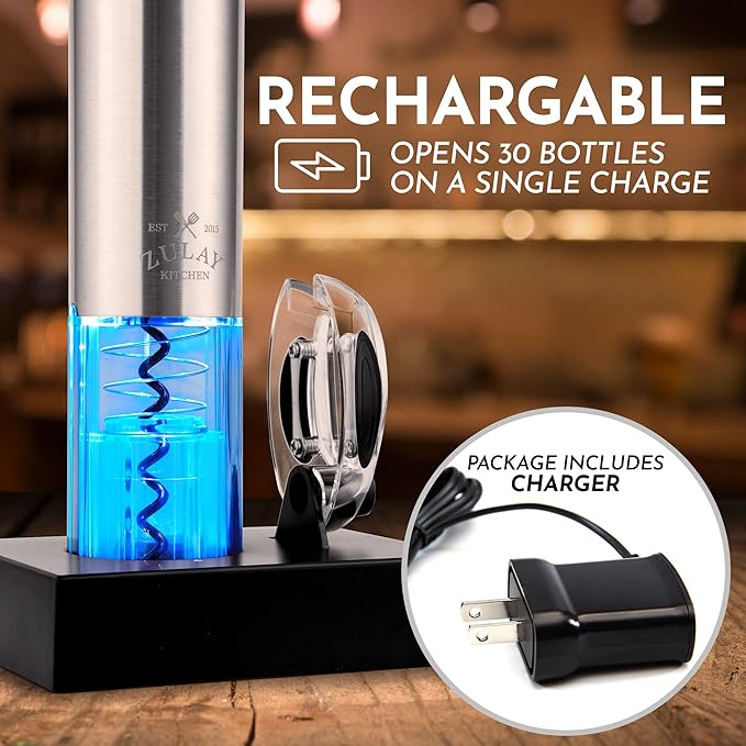 Zulay Kitchen Electric 3-in-1 Wine Bottle Opener Set – with Foil Cutter, USB Rechargeable Corkscrew, Automatic, Cordless, Sleek Stainless Steel Design for Home, Bar & Gifting, for Wine Lovers