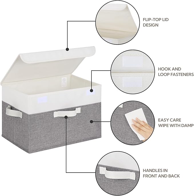 GRANNY SAYS Fabric Storage Boxes, Memory Keepsake Box, Large Storage Bins with Lids, Closet Organizers, Toy Box, Storage Baskets for Shelves, White/Gray, 2-Pack