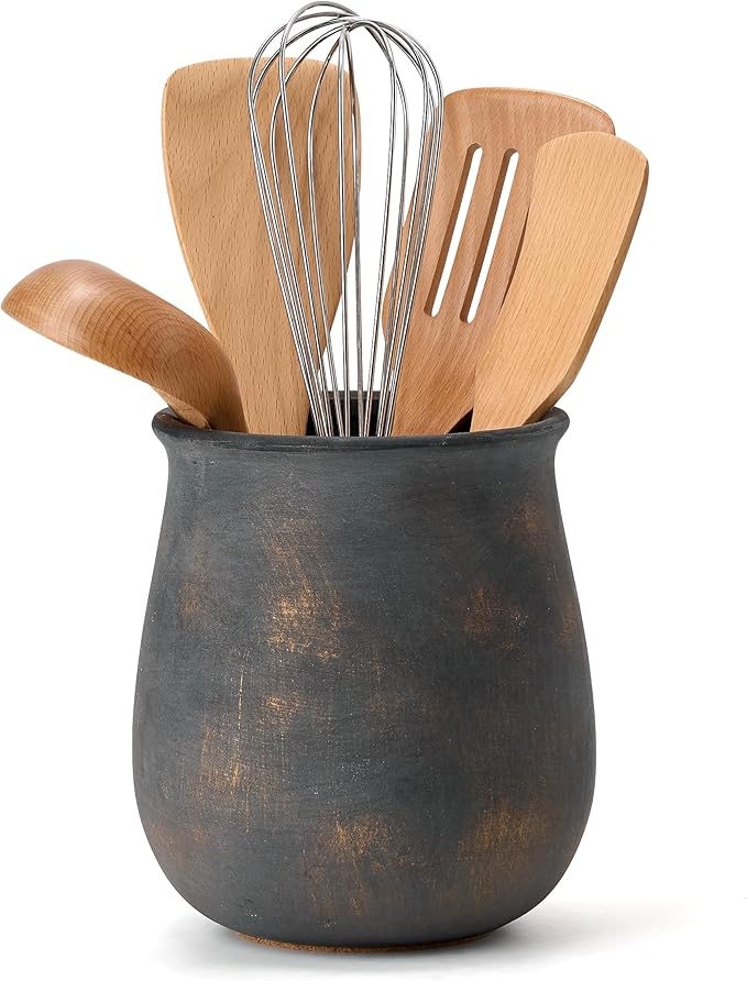 Rustic Utensil Holder for Kitchen Counter, Modern Farmhouse Cooking Utensil Holder and Crock Home Kitchen Decor, Vintage Ceramic Utensil Organizer for Spatula, Ladle, Eggbeater, Rolling Pin