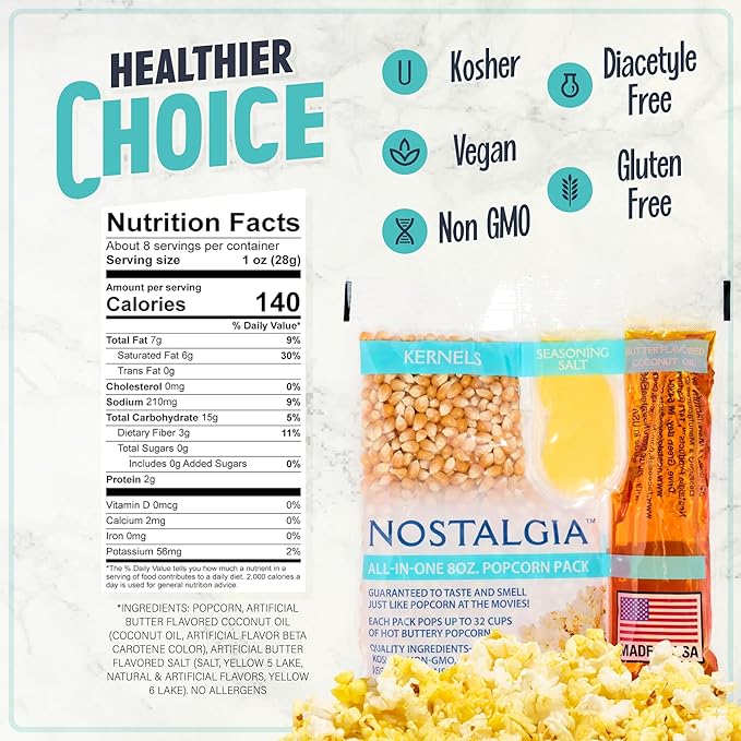 Nostalgia Movie Theater Style Popcorn Packets for Popcorn Machine, All-in-One Popcorn Kernels, Butter Flavored Coconut Oil, Seasoning Salt, 8oz Packs, 24 Count
