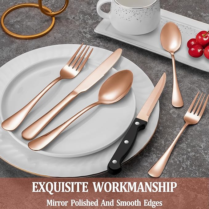 24 Pcs Rose Gold Silverware Set with Steak Knives Service for 4,Stainless Steel Flatware Set,Mirror Polished Cutlery Utensil Set, Kitchen Eating Tableware,Include Fork Knife Spoon Set,Dishwasher Safe