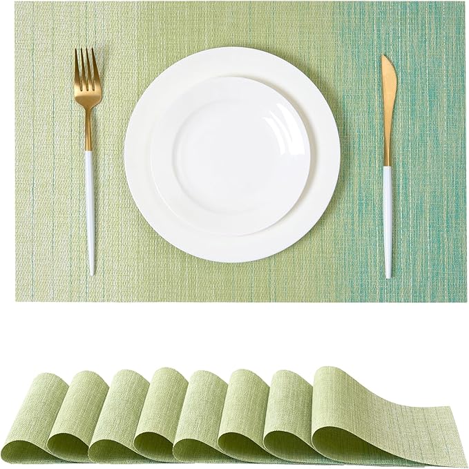 Leetaltree Gradient Green Woven Placemats Set of 8 - Heat Resistant Non-Slip Place mats for Dining Table, Washable Durable PVC Vinyl Woven Table Mats(Gradient Green, 8)