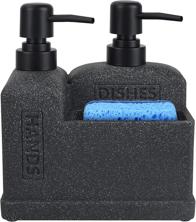 Kitchen Hand Soap and Dish Soap Dispenser Set,Dual Soap Dispenser with Sponge Holder 3-in-1 Organizer for Kitchen Sink,Bathroom,Useful Kitchen Gadgets - Black