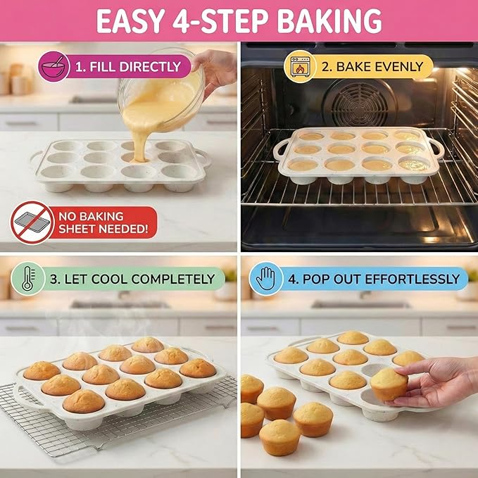 2-Pack Silicone Muffin Pan Set – Regular 12 Cup & Mini 24-Cup Silicone Muffin Pans for Baking – Nonstick Silicone Cupcake Pan with Metal-Reinforced Handles – BPA-Free, Dishwasher-Safe, Cream