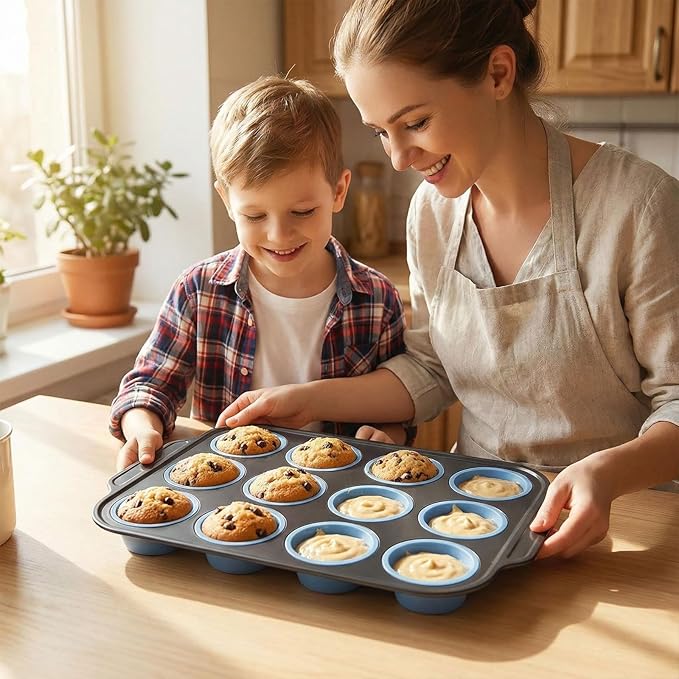 Rigid-Frame Silicone Muffin Pan for Baking,No-Spill Easy-Transfer Design,Reinforced Steel Frame, Non-Stick & Dishwasher Safe,12-Cup Regular Size Muffin & Cupcake Pan Bakeware for Oven (Blue 1pcs)