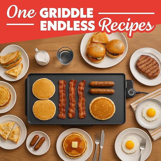 Gourmia 22 Inch XL Electric Griddle Pan - Nonstick Extra Large Flat Top Ceramic Surface, Countertop Cooker, Adjustable 200°F–400°F, Pull-Out Drip Tray, Compact Handle-Free Design