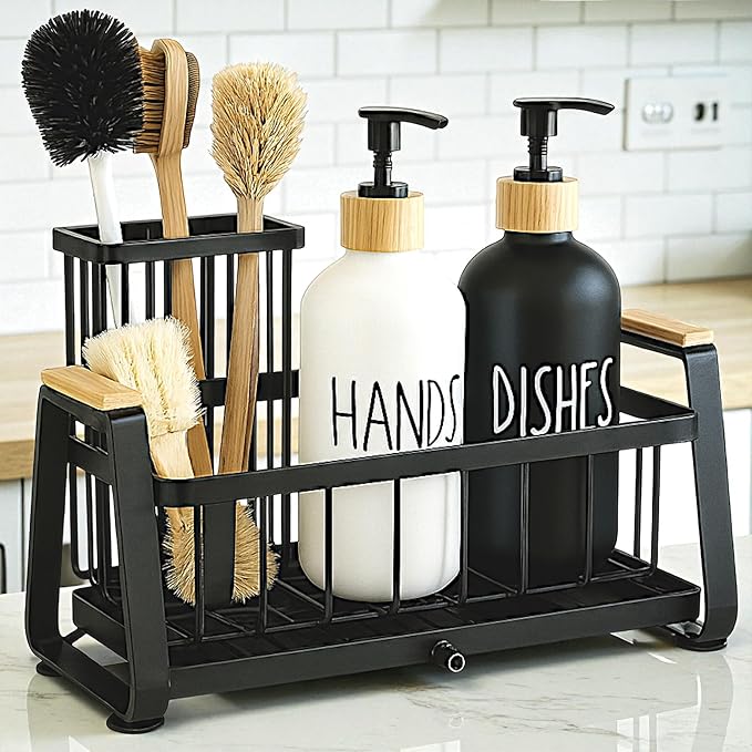 Kitchen Dish Soap Farmhouse Dispenser Set with Sink Caddy, 16OZ Glass Bottle, Hand and Dish Soap Dispenser Set, Non-Slip Silicone Pad, Brush Holder