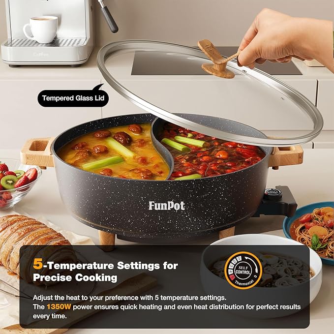 Electric Twin Compartment Hot Pot with Divider, Diamond grid embossed base, 1350W Temperature control, Large 6-Litre Capacity, Compact Woodgrain handles with Hollow Design