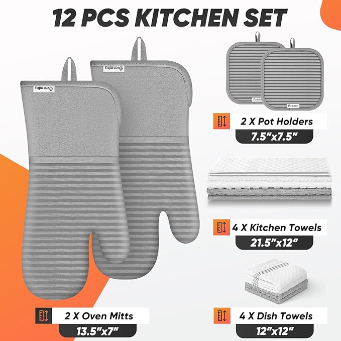 Oven Mitts Kitchen Towels and Dishcloths with Pot Holders Sets, Oven Gloves Hot Pads 500°F Heat Resistant with Silicone Grip, Include 2 Cooking Gloves/2 Potholders/4 Kitchen Towels/4 Dish Towels-Gray