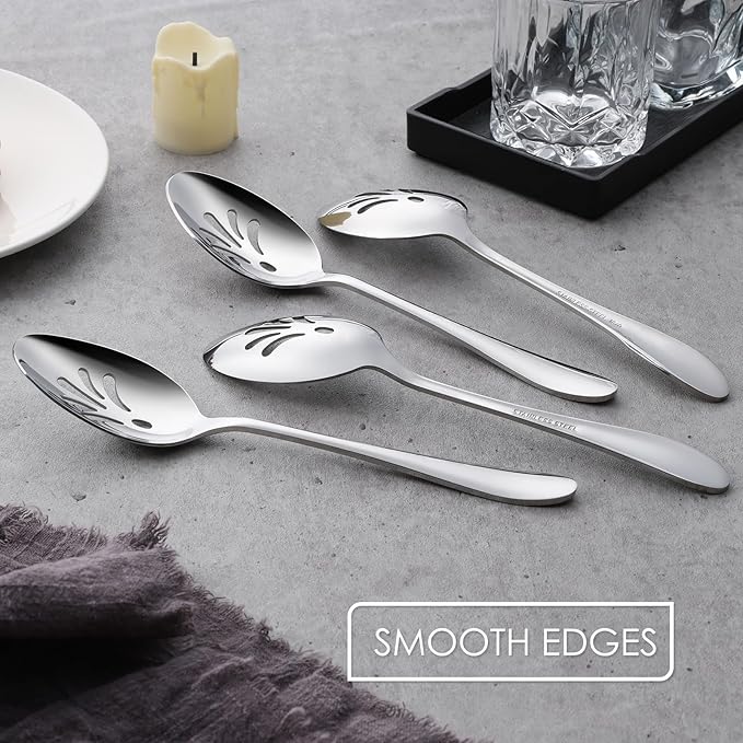 Stainless Steel Slotted Serving Spoons, E-far 4-Piece Metal Tablespoons Hostess Serving Utensils Set for Catering Buffet Party Kitchen Restaurant, Dishwasher Safe