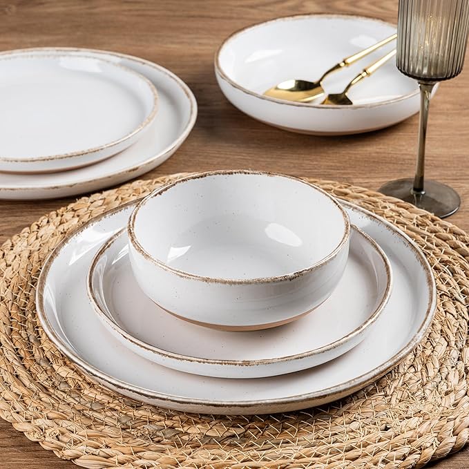 AmorArc 24 Pieces Ceramic Dinnerware Sets for 8, Handpainted Stoneware Plates and Bowls Set with Rustic Terracotta Underside, Scratch Resistant Dishes Set, Dishwasher & Microwave Safe, White