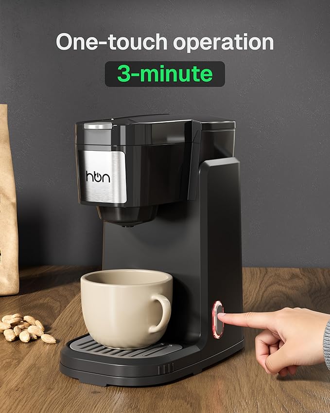 HBN Single Serve Coffee Maker for K-Cup & Ground Coffee, Fast Brew One Cup Coffee & Tea Machine with 10oz Stainless Steel Tank, Compact Design Capsule Coffee Machine, Black