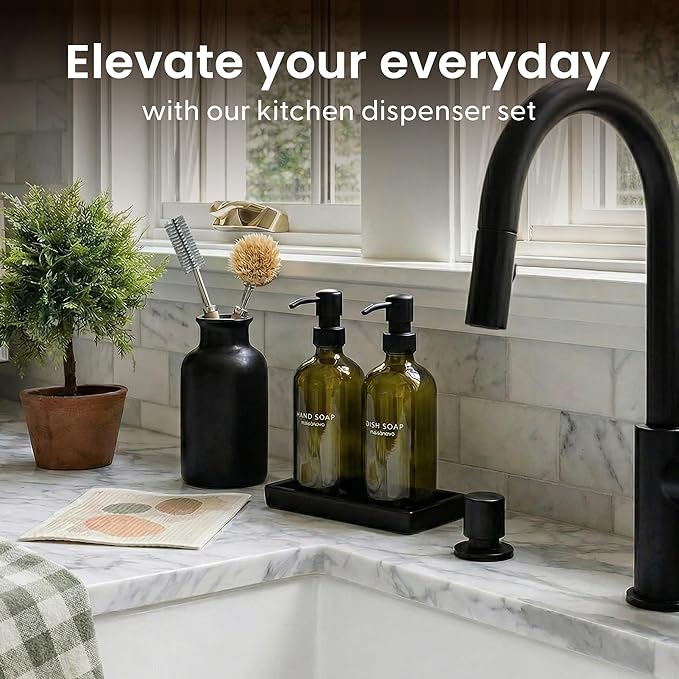 Maisonovo Kitchen Soap Dispenser Set - Hand and Dish Soap Dispenser Set with Green Glass Soap Dispenser, Black Pumps & Ceramic Tray