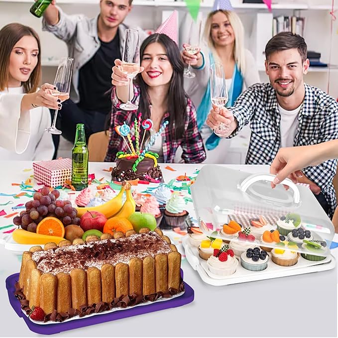 VGOODALL Cupcake Carrier, Rectangle Cake Plate with Lid, 12 Capacity Cup Cake Portable Container Dessert Holder with Handle for Family Picnics and Party Events, 2-in-1 Design, Purple
