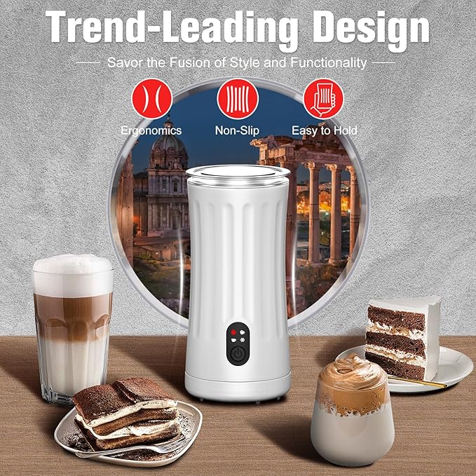Milk Frother, 4-in-1 Milk Steamer and Frother, 8.1oz/240ml Automatic Warm and Cold Foam Maker, Auto Shut-Off Frother for Coffee, Latte, Cappuccino, Macchiato(White)