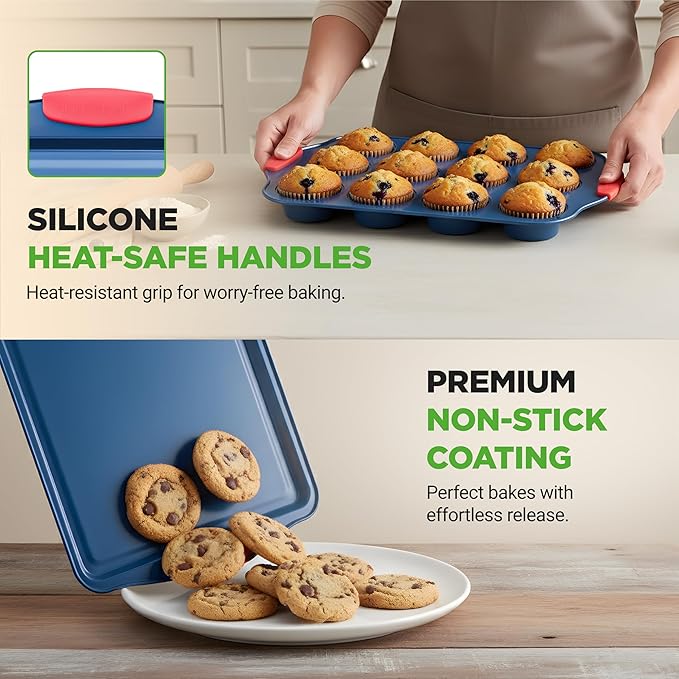 NutriChef 10-Piece Nonstick Bakeware Set - Premium Carbon Steel Baking Pans w/Silicone Handles - Includes Pizza Tray with Holes, 12 & 24 Cup Muffin Pans, Cookie Sheets, Round, Square & Loaf Pan - Blue