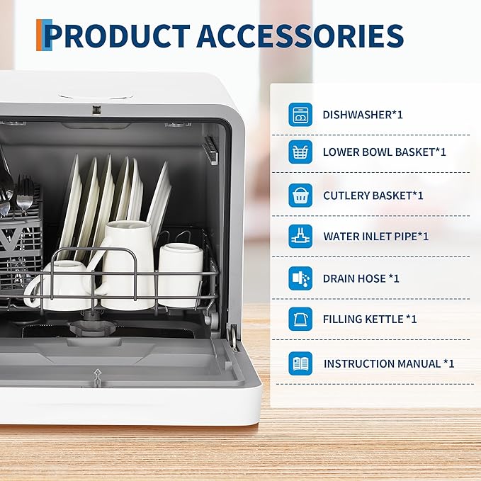 Portable Countertop Dishwasher – No Installation Needed, 2 in-1s Self-Priming & Dual Water Inlet Modes, 72℃ Hot Air Drying, Compact for Home, Apartment, RV Use with Large Display