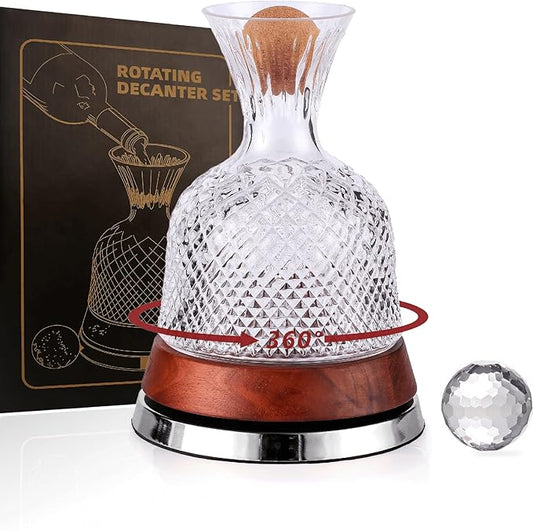 Rotating Wine Decanter Set with Solid Wood Base, Fun Crystal Glass Wine Carafe, Red Wine Decanter, Wine Accessories, Wine Gifts, Perfect for Home Bar (Silver Accents)