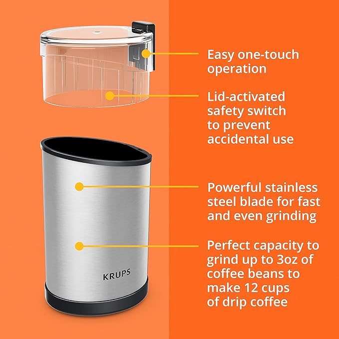 KRUPS Electric Coffee Grinder: 3 oz Capacity, 200 Watts - Versatile for Beans, Spices, Nuts - One-Touch Operation, Customizable Grind for 12 Cups - Ideal for Espresso, French Press