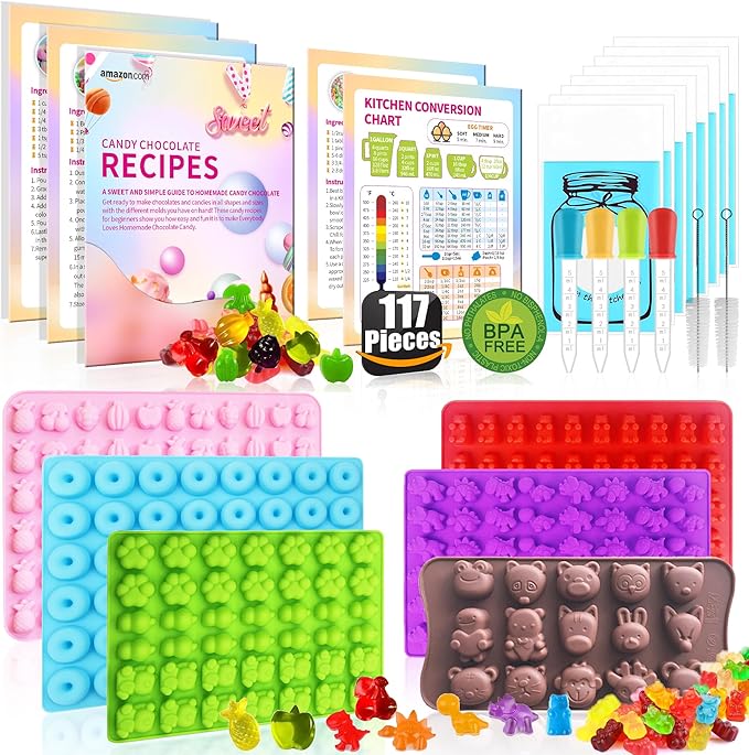 117Pcs Silicone Gummy Bear Molds Kit with 100 Wrappers, 5 Recipe Cards, 4 Droppers & 2 Brushes,Non-Stick Candy Mold for DIY Chocolate, Gummy Bears, Party Favors (Dinosaur, Bear, Fruits, Donut Shapes)
