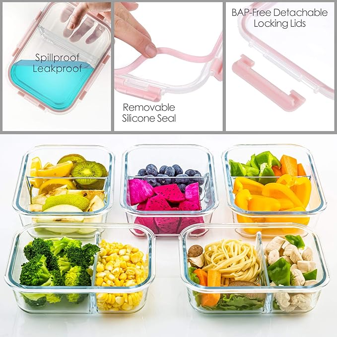 CREST Glass Meal Prep Containers 2 Compartment Set, 5-Pack, 34oz,Divided Bento Lunch Boxes with Lids for Adults