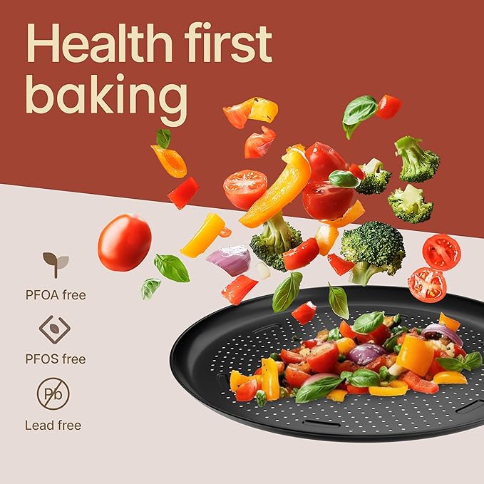 Bakken 16 Inch Non-Stick Pizza Pan 1 Pack, Round Carbon Steel Pizza Tray with Perforated Holes, PFOA, PFOS, & PTFE-Free, Dishwasher & Oven Safe Up To 450°F, Durable Nonstick Coating, Black