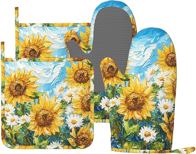 Oven Mitts and Pot Holders Sunflower Daisy Flower Art Silicone Kitchen Accessories Set of 4 Heat Resistant Long Gloves Potholder Non-Slip Grip for Chef Cooking Baking Grilling BBQ