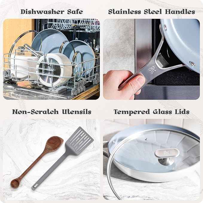 Premium Non-Toxic Ceramic Cookware Set – Triple-Layer Nonstick 12 Piece Pots and Pans with Lids, PFAS-Free, Oven Safe for Healthy Meals, Space-Saving Design, Birch White Color | Greater Goods
