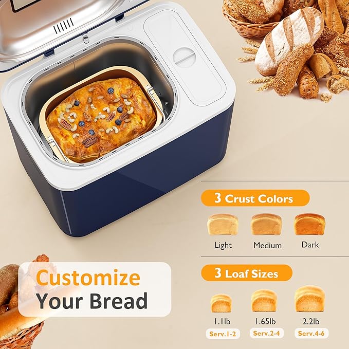 21-in-1 Programmable Bread Machine, 2.2LB Break Maker with Nonstick Pan & Digital Touch Panel, 3 Loaf Sizes 3 Crust Color, Keep Warm & 15H Timer, Bread Making Kit & Breakfast Maker, Blue