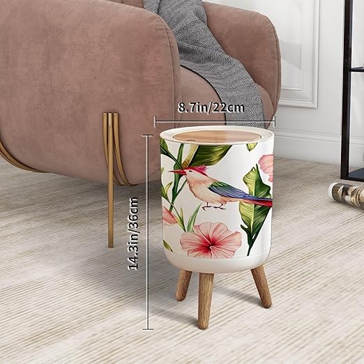 Trash Can with Lid Seamless floral summer pattern tropical palm leaves hummingbirds Press Top Round Small Garbage Bin with Wooden Legs Waste Basket for Kitchen Bedroom Nursery 7L/1.8 Gallon
