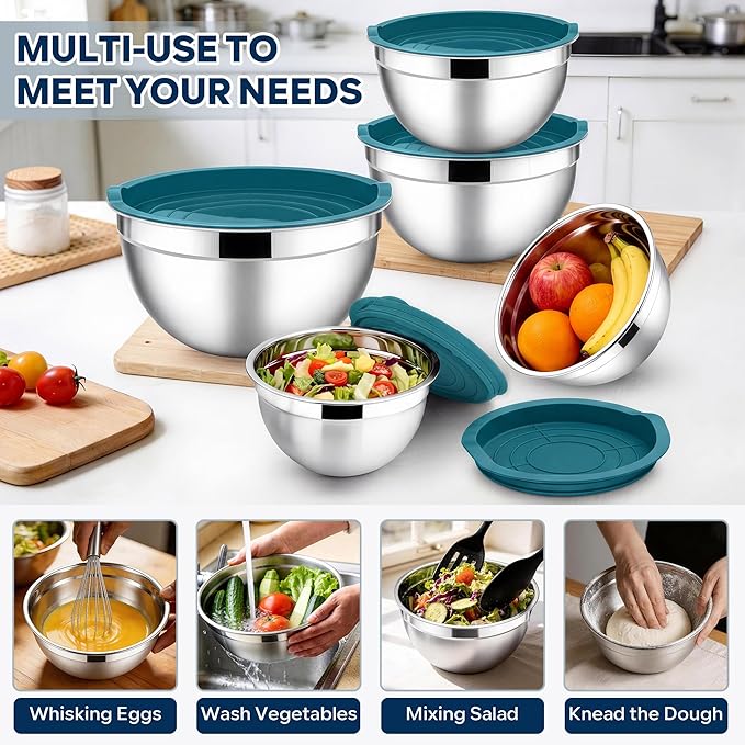 E-far Mixing Bowls With Lids Sets of 5, 10-Piece Stainless Steel Salad Metal Nesting Bowl for Baking Cooking and Prepping, Airtight Lid & Stackable Design, Size 4.6, 3, 2.1, 1.5, 0.7 QT, Blue