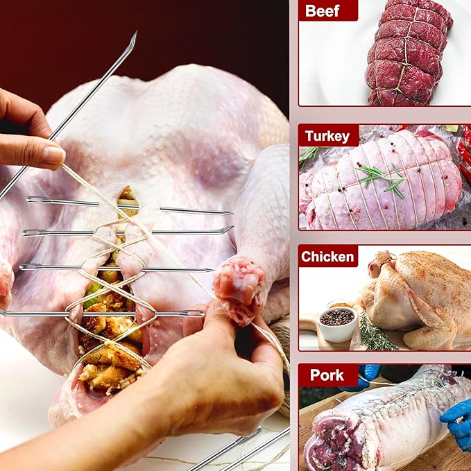 Ofargo Meat Trussing Needles, Roasting Trussing Needles for Lacing Roast Turkey, Chicken, Pork Skin, Whole Hog, Lamb, and Rotisserie Pig; 3pcs Curved Needles and 3pcs Straight Needles; 6pcs in All