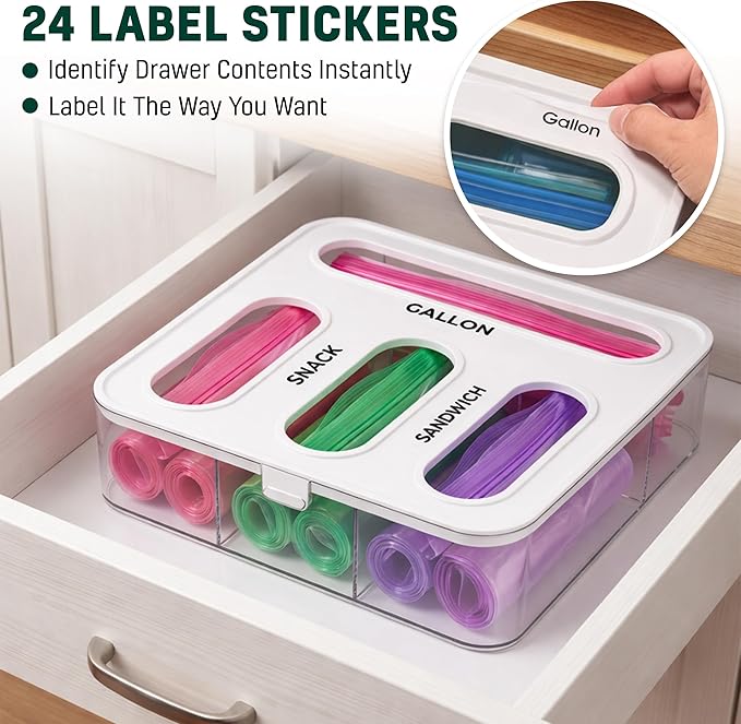 HIMUS Food Storage Bag Organizer - 4 in 1 Plastic Baggie Organizer for Drawer | Compatible with Sandwich, Snack, Gallon, Quart & Slider | Plastic Bag Organizers Kitchen Storage| Wall & Drawer Mount