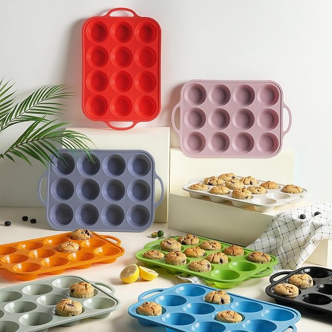 2 Packs 12 Cups Silicone Muffin Pan for Baking with Metal Reinforced Frame Regular Size Cupcake Pan Tray Egg Bites Silicone Cookie Molds Muffin Tin Tart Pans Sheet Set for Oven Dishwasher Safe