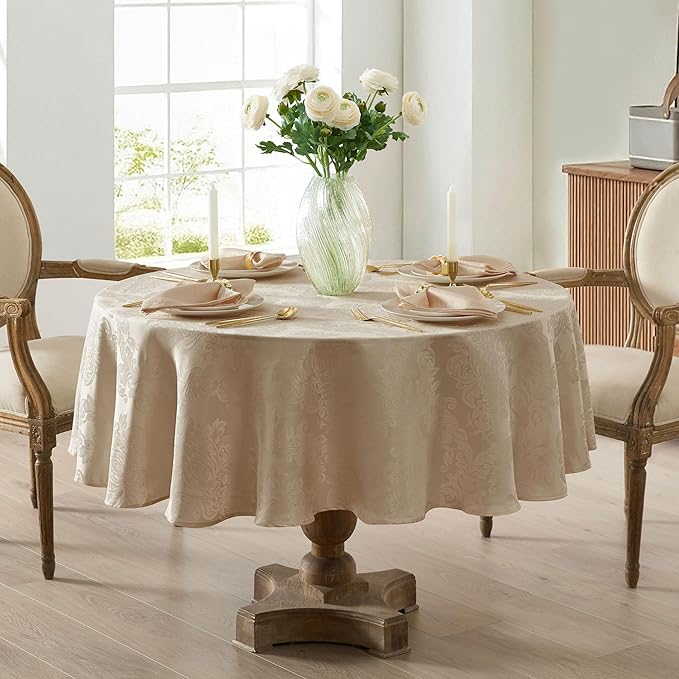Newbridge Barcelona Luxury Damask Fabric Tablecloth, 70” Round, Golden Beige, 100% Polyester, No Iron, Soil Resistant Dining Room, Party and Banquet Table Cover
