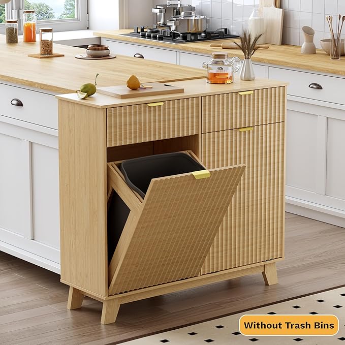 Double Tilt Out Laundry Hamper Cabinet, 20 Gallon Wooden Trash Can Cabinet with Drawers, Hidden Fluted Bathroom Storage Cabinet for Kitchen, Living Room (Natural Wood, 39.34"W x 35.83"H x 13"D)