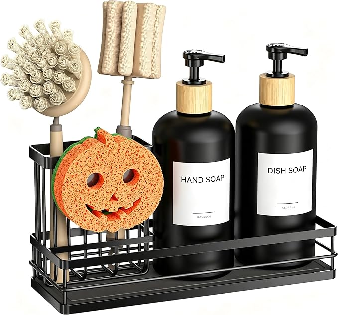 Moforoco Kitchen Dish Soap Dispenser Set, 16OZ Glass Bottle, Hand and Dish Soap Dispenser Set, Instant Dry Tray, Brush Holder with Smiley Face Sponge Holder (Black Tray+Black Bottle+Labels)