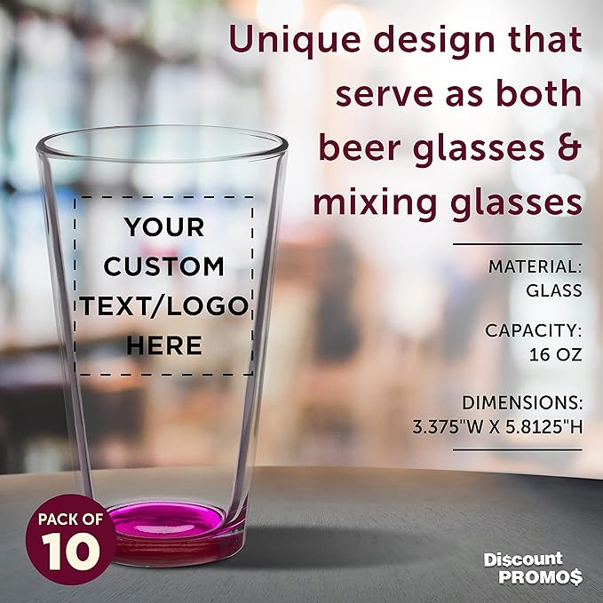 Custom Arc Pint Glass 16 oz. Set of 10, Personalized Bulk Pack - Beer Glasses, Heavy Duty Drinkware - Pink