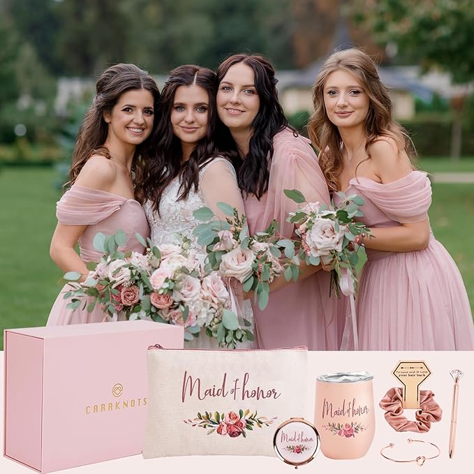 CARAKNOTS Maid of Honor Proposal Gift Box Set, Will You Be My Maid of Honor Gift, Pink Ready to Gift Bridesmaid Box with 12 oz Stainless Steel Tumbler, Bridal Party Bachelorette Wedding Favo