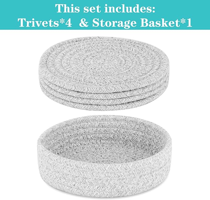Trivets for Hot Dishes, Pots and Pans, Hot Pads with Storage Basket, Pot Holders for Kitchen, Heat Resistant Mat Protect Counter Home Essentials, Farmhouse Decor (Gray 4 PCS)