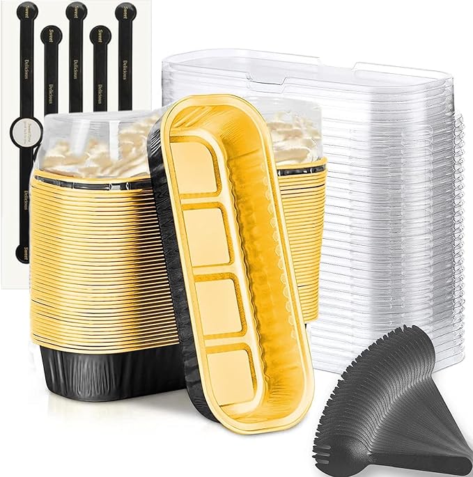Findful Mini Loaf Baking Pans with Lids and Spoons (50 Pack, 6.8oz) Rectangle Aluminum Foil Baking Pans Tins Containers - Cupcake Containers Wrappers Cheesecake Creme Brulee Ramekins
