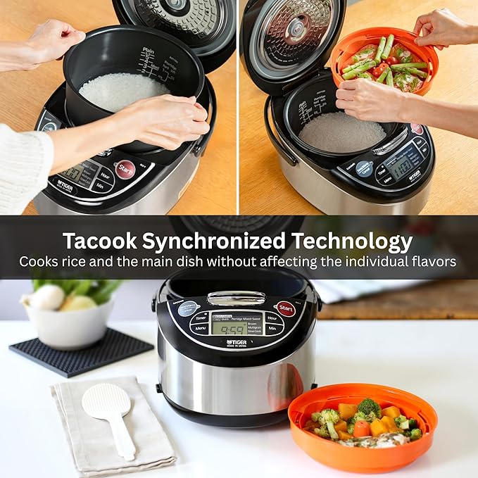 Tiger JAX-T18U-K 10-Cup (Uncooked) Micom Rice Cooker with Food Steamer & Slow Cooker, Stainless Steel Black