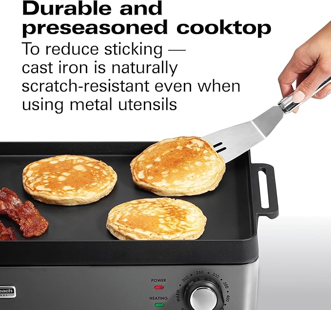 Hamilton Beach Professional Cast Iron Indoor Electric Grill & Griddle, 10" x 16" Preseasoned Cooking Surface, Adjustable Temperature up to 450° F, Black (38560)
