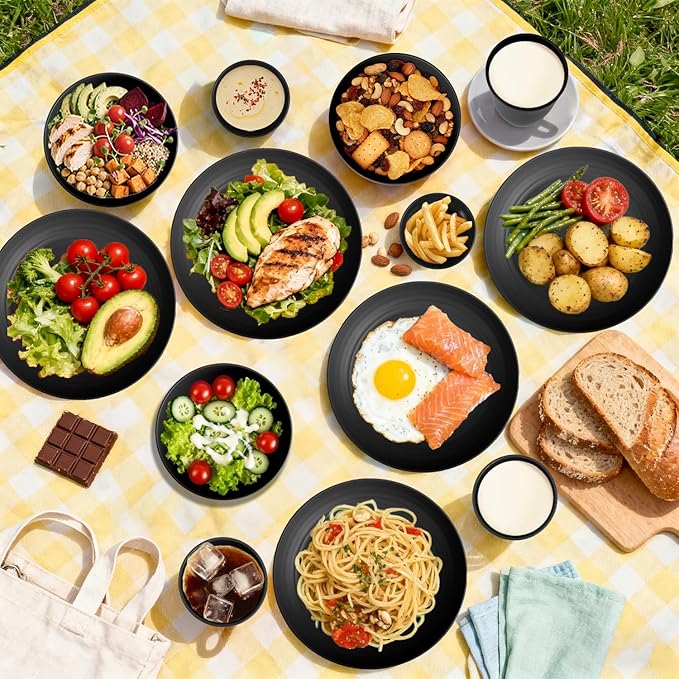 Wheat Straw Dinnerware Sets 16 PCS, Unbreakable Kids Plates and Bowls for 4-9 IN Plates, 26 OZ Cereal Bowls, 2 OZ Dipping Bowl, 12 OZ Cups, Dishwasher & Microwave Safe Plate Set - Black