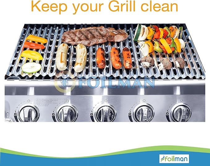 Foilman Heavy-Duty Disposable Aluminum Grill Liners, 12 x 20 Inch Nonstick Cooking Sheets for BBQ, Protects Grates from Grease, Even Heat Distribution, Easy Cleanup for Outdoor Grilling - Pack of 12