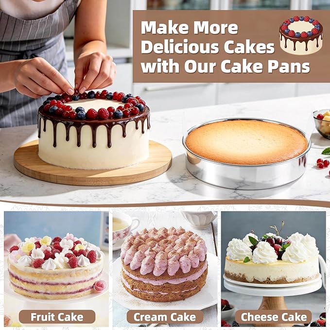 TeamFar 8 Inch Cake Pan Set of 2, Stainless Steel Layer Cake Baking Pans Tins with 90 Pcs Parchment Paper, Round Bakeware for Birthday Wedding, Non-Toxic & Healthy, Mirror Finish & Dishwasher Safe