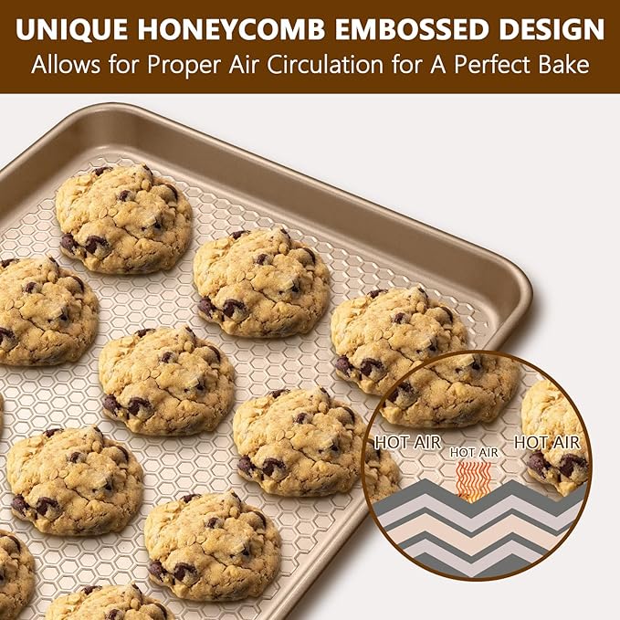 Wildone 2 Pack Half Sheet Baking Pans, Honeycomb Embossed Nonstick Baking Sheet 17.5x12 In, Thicker Carbon Steel Cookie Sheet, Even Heating & Warp Resistant, Champagne Gold